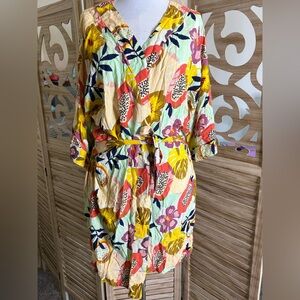 Noonday Collection XS/ Small Papaya Print Kimono Robe 3/4 Sleeve